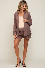 Mocha Pleated Long Sleeve Maternity Short Set