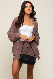 Mocha Pleated Long Sleeve Short Set