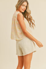 Peach Floral Ruffle Neck Sleeveless Top