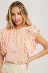 Peach Ruffled Eyelet Lace Blouse