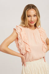 Peach Ruffled Eyelet Lace Blouse