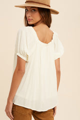 Cream Embroidered Puff Sleeve Peasant Blouse