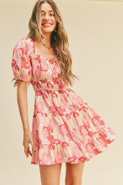 Pink Floral Print Tiered Mini Dress