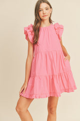 Hot Pink Flutter Sleeve Tiered Babydoll Dress