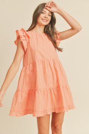 Peach Flutter Sleeve Tiered Babydoll Dress