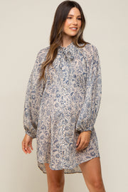 Blue Floral Button Up Pleated Maternity Dress