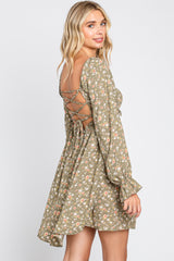 Light Olive Floral Smocked Lace Up Back Maternity Dress