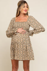 Light Olive Floral Smocked Lace Up Back Maternity Dress