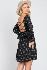 Black Floral Smocked Lace Up Back Maternity Dress