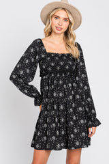 Black Floral Smocked Lace Up Back Dress