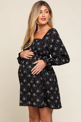 Black Floral Smocked Lace Up Back Maternity Dress