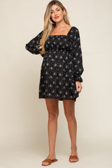 Black Floral Smocked Lace Up Back Maternity Dress