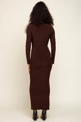 Brown Square Neck Fitted Long Sleeve Maxi Dress