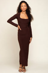 Brown Square Neck Fitted Long Sleeve Maxi Dress