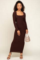 Brown Square Neck Fitted Long Sleeve Maxi Dress