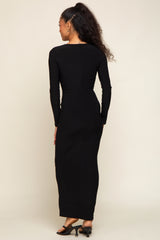 Black Square Neck Fitted Long Sleeve Maxi Dress