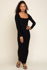 Black Square Neck Fitted Long Sleeve Maxi Dress