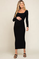 Black Square Neck Fitted Long Sleeve Maternity Maxi Dress