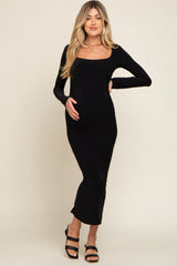 Black Square Neck Fitted Long Sleeve Maternity Maxi Dress