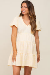 Yellow Gingham Puff Sleeve Tiered Maternity Dress