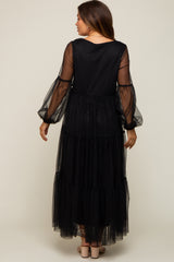 Black Mesh Overlay Tiered Maternity Maxi Dress