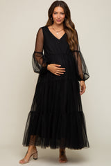 Black Mesh Overlay Tiered Maternity Maxi Dress