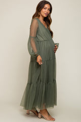 Olive Mesh Overlay Tiered Maternity Maxi Dress