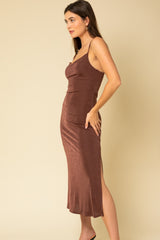 Brown Cowl Neck Midi Dress