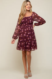 Burgundy Floral Smocked Long Sleeve Maternity Dress