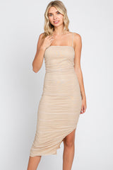 Gold Sparkle Mesh Ruched Midi Dress