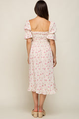 Pink Floral Smocked Gauze Maternity Midi Dress