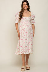 Pink Floral Smocked Gauze Maternity Midi Dress