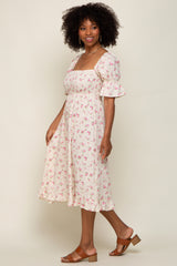 Pink Floral Smocked Gauze Midi Dress