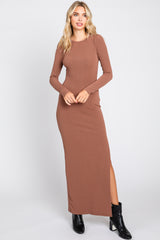 Brown Ribbed Long Sleeve Side Slit Maternity Maxi Dress