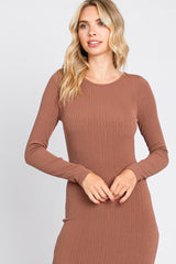 Brown Ribbed Long Sleeve Side Slit Maxi Dress