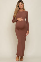 Brown Ribbed Long Sleeve Side Slit Maternity Maxi Dress