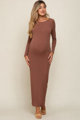 Brown Ribbed Long Sleeve Side Slit Maternity Maxi Dress