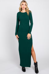 Green Ribbed Long Sleeve Side Slit Maternity Maxi Dress