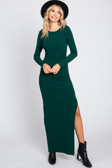 Green Ribbed Long Sleeve Side Slit Maxi Dress