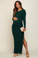 Green Ribbed Long Sleeve Side Slit Maternity Maxi Dress