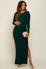 Green Ribbed Long Sleeve Side Slit Maternity Maxi Dress