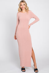 Pink Ribbed Long Sleeve Side Slit Maternity Maxi Dress