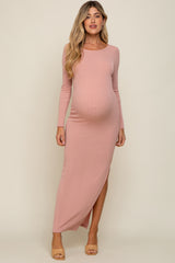 Pink Ribbed Long Sleeve Side Slit Maternity Maxi Dress