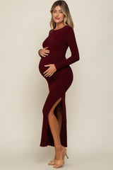 Burgundy Ribbed Long Sleeve Side Slit Maternity Maxi Dress