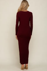 Burgundy Ribbed Long Sleeve Side Slit Maternity Maxi Dress