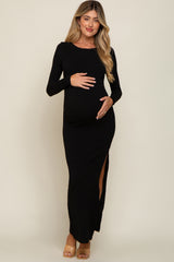 Black Ribbed Long Sleeve Side Slit Maternity Maxi Dress