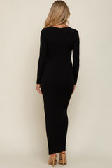 Black Ribbed Long Sleeve Side Slit Maternity Maxi Dress