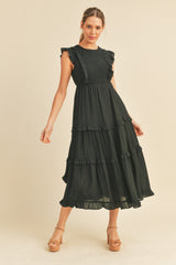 Black Smocked Ruffled Midi Dress