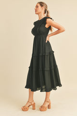 Black Smocked Ruffled Midi Dress