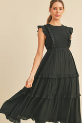 Black Smocked Ruffled Midi Dress